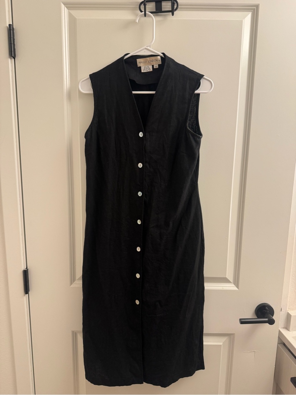 Sleeveless Black mother of pearl Button-Front Linen Dress Maggy London